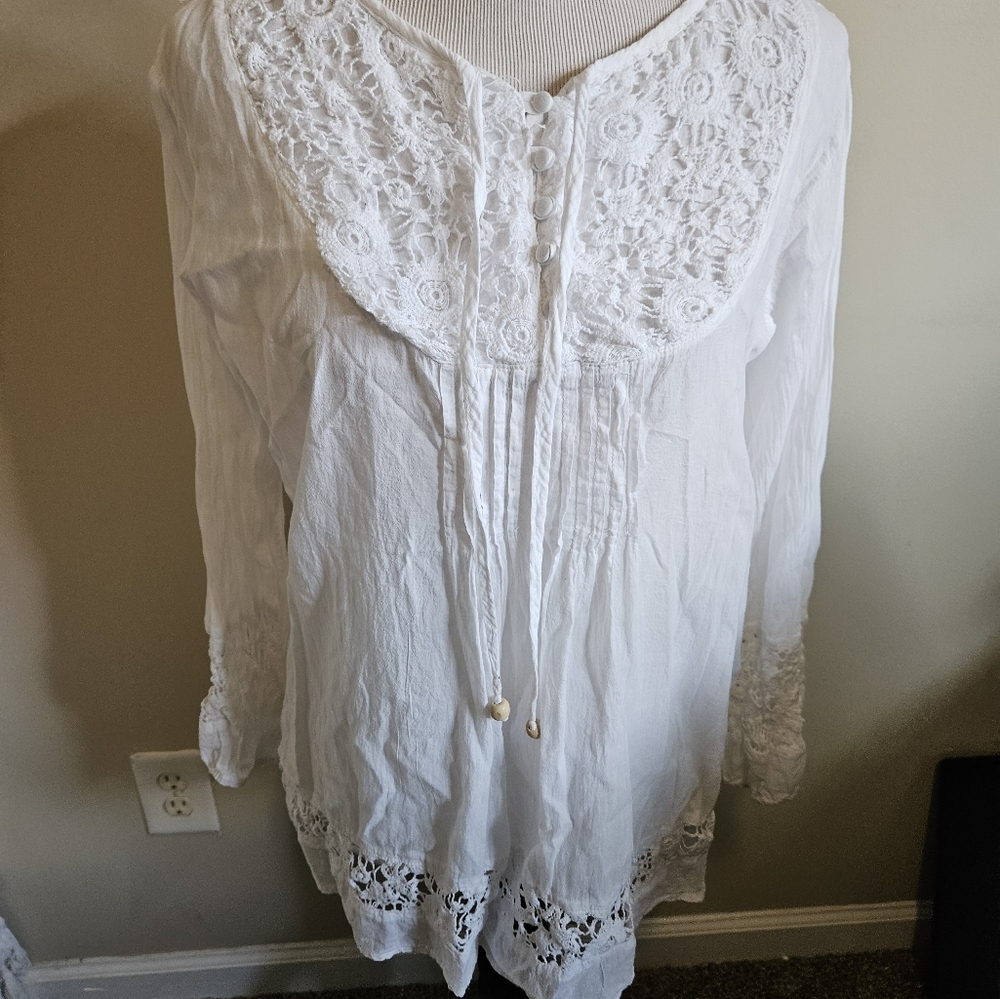 S & R Fashion 100 % Cotton White Lace Detail Women's Top Size Large. - Picture 7 of 13